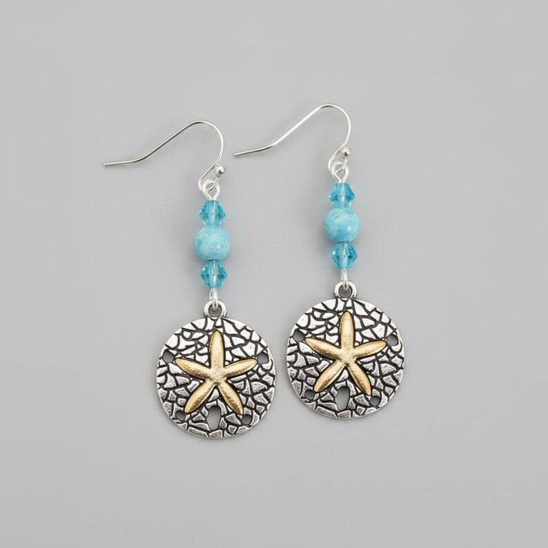 Sand Dollar Larimar Beaded Hook Earrings, Silver - - LadybugfeetDesigns -