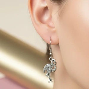 Silver Flamingo hook earrings - - LadybugfeetDesigns -
