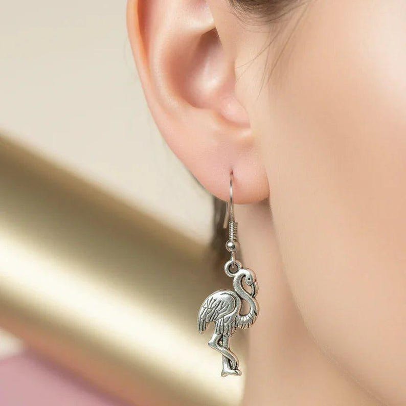 Silver Flamingo hook earrings - - LadybugfeetDesigns -