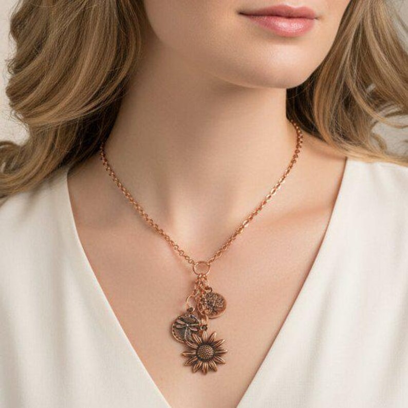 Sunflower Copper Charm Keeper Necklace, 18-24 inch - - LadybugfeetDesigns -
