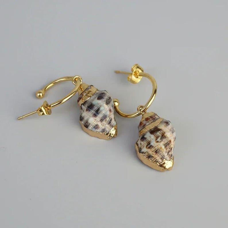 Gold Rimmed Natural Conch Seashell hoop earrings, Gold - 16mm - - LadybugfeetDesigns -