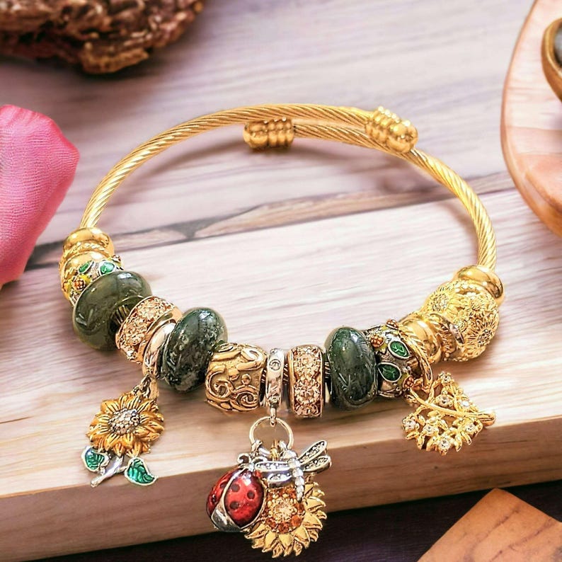 Garden Party Euro Cuff Wrap Bracelet, Gold - - LadybugfeetDesigns -