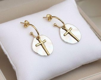 Cross Two-Tone Hoop Earrings, Gold - 16mm