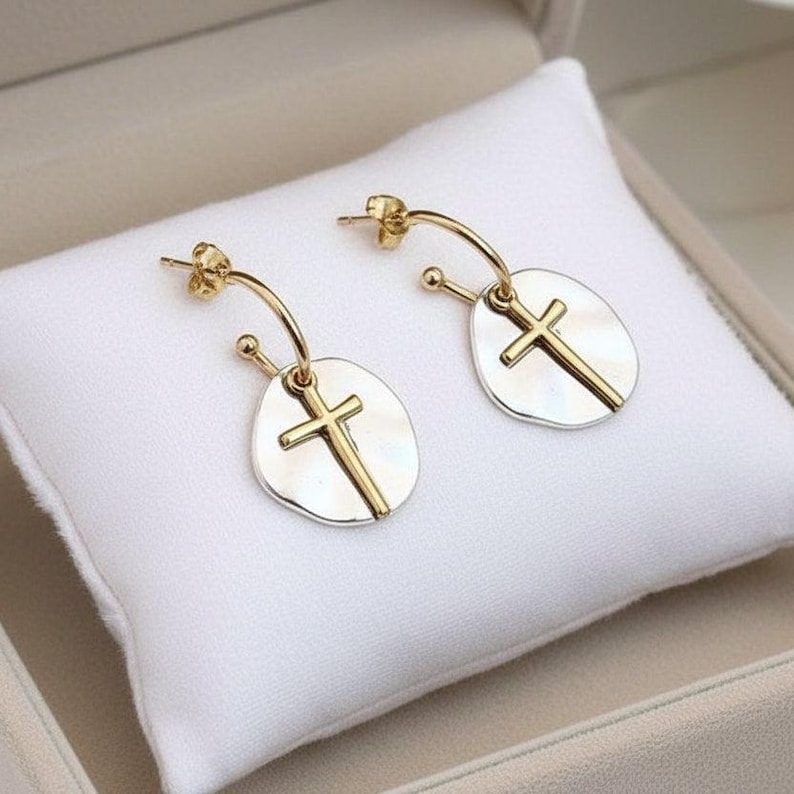 Cross Two-Tone Dangle Earrings - - LadybugfeetDesigns -