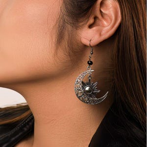 Large Filigree Crescent Moon Sun Hook Earrings, Silver - - LadybugfeetDesigns -