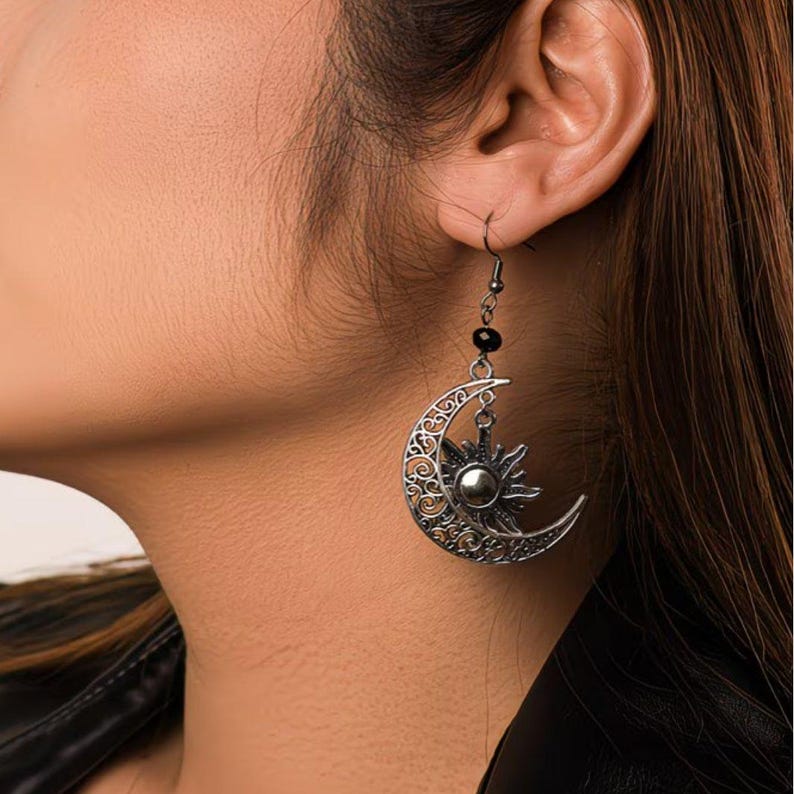 Large Filigree Crescent Moon Sun Hook Earrings, Silver - - LadybugfeetDesigns -
