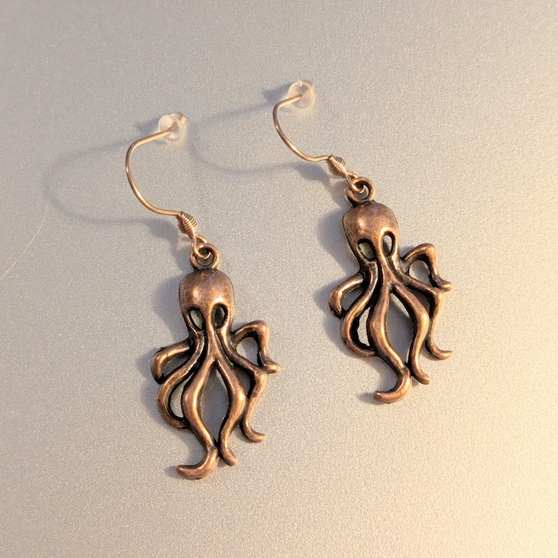 Octopus dangle earrings, Copper/Rose Gold - - LadybugfeetDesigns -