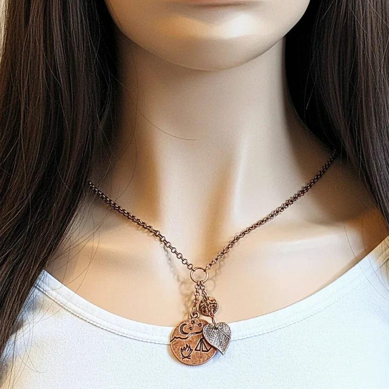 Camping Copper Charm Keeper Necklace, 18-24 inch - - LadybugfeetDesigns -