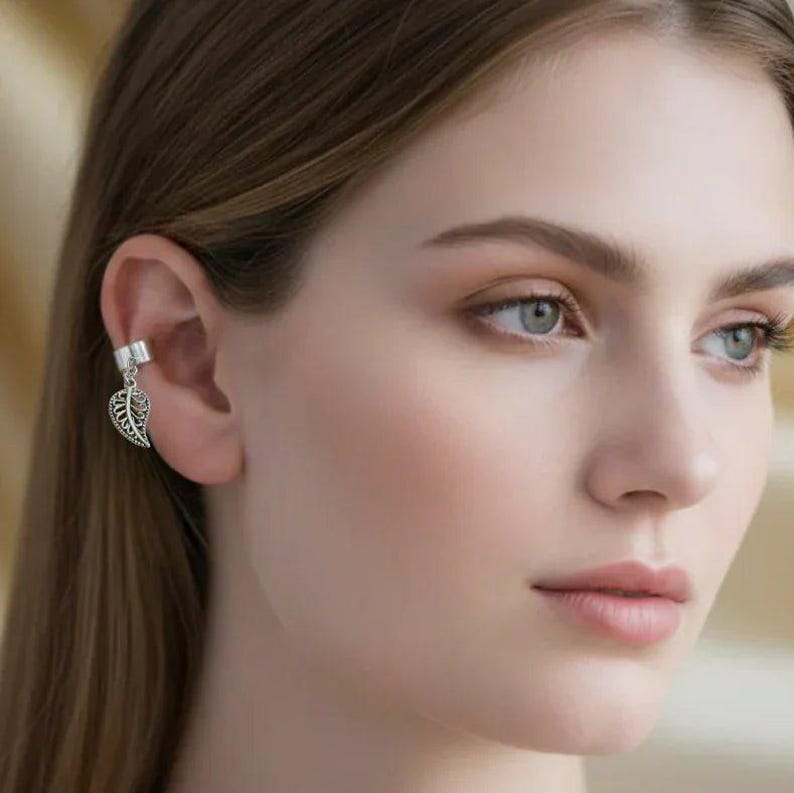 Leaf ear cuff, Silver - - LadybugfeetDesigns -