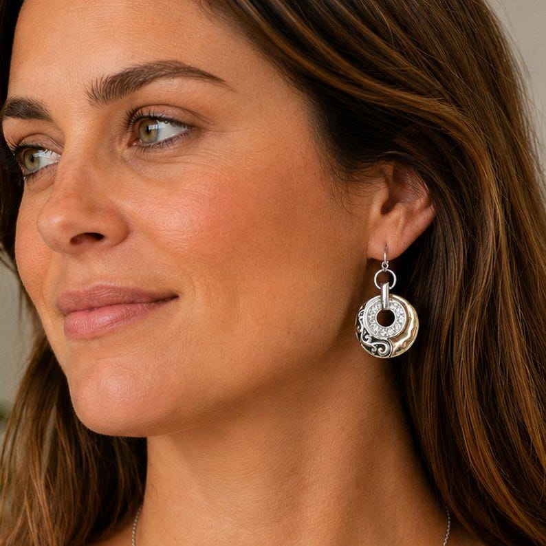 Two Tone Circle Filigree Rhinestone Dangle Earrings - - LadybugfeetDesigns -