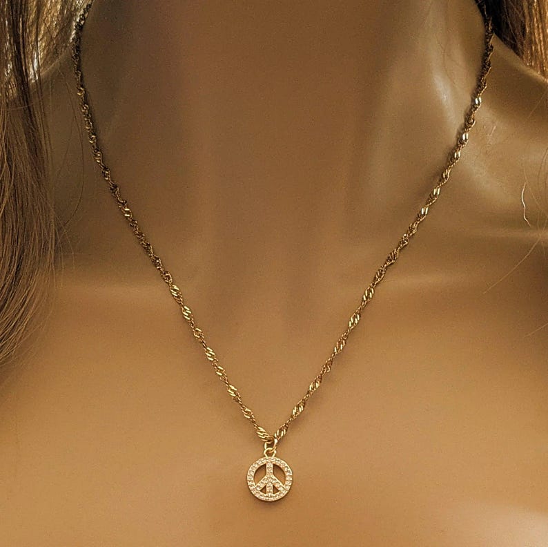Sparkly Peace Sign necklace, Gold- 20 inch - - LadybugfeetDesigns -