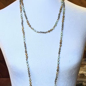 Picture Jasper/Amazonite Semi-Precious Gemstone Necklace with Pendants - 60 inch - - LadybugfeetDesigns -