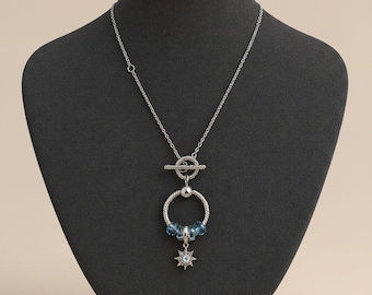 Collar con dije de palanca de plata esterlina Luna Sol Estrella II, 20 pulgadas