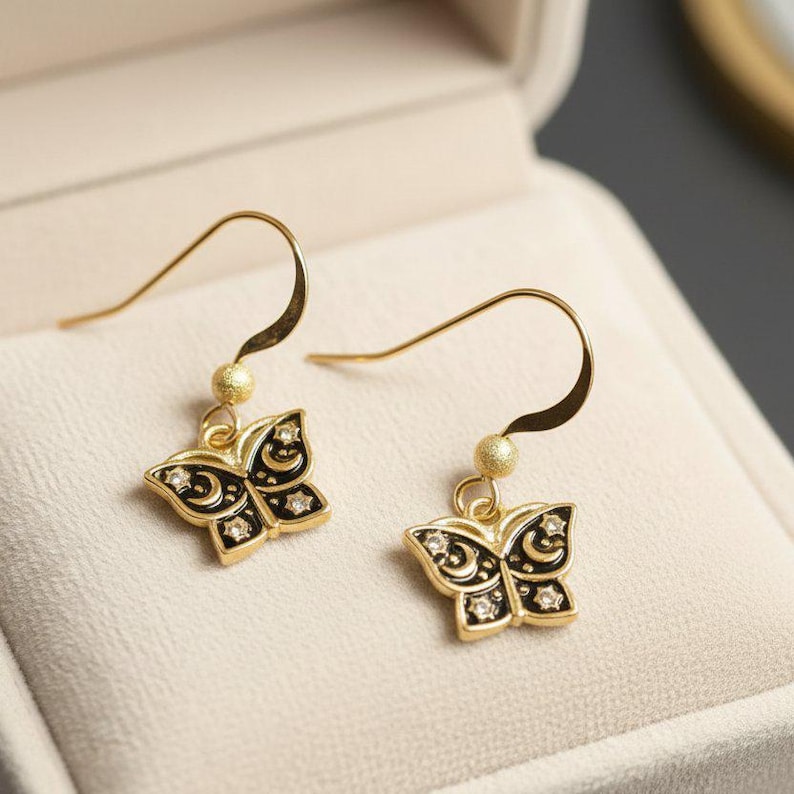 Celestial Butterfly Gold dangle earrings - - LadybugfeetDesigns -