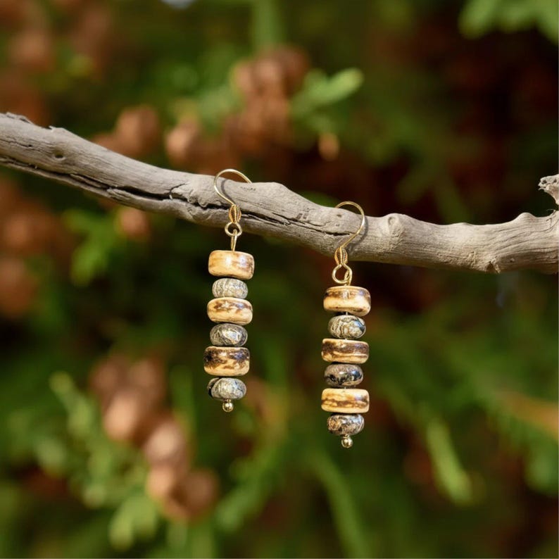 Leopard Skin Jasper Beaded Hook Earrings, Gold - - LadybugfeetDesigns -