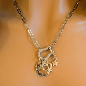 Celestial Crescent Moon and Heart Shackle Clasp Carabiner Necklace, Silver - 20 inch - - LadybugfeetDesigns -