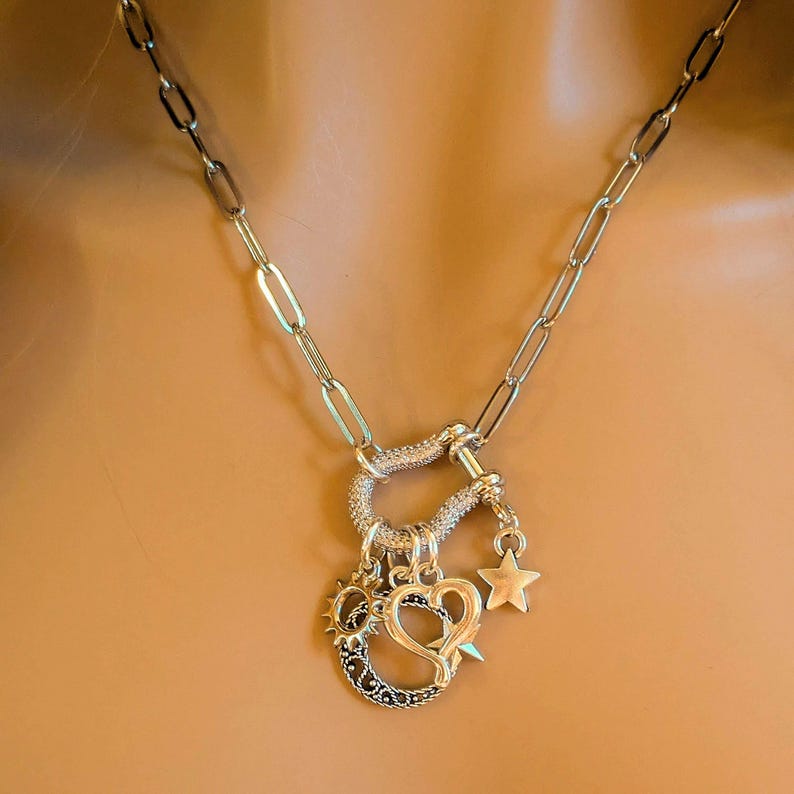 Celestial Crescent Moon and Heart Shackle Clasp Carabiner Necklace, Silver - 20 inch - - LadybugfeetDesigns -
