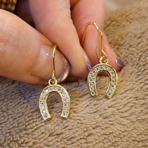 CZ Horseshoe dangle earrings, Gold - - LadybugfeetDesigns -