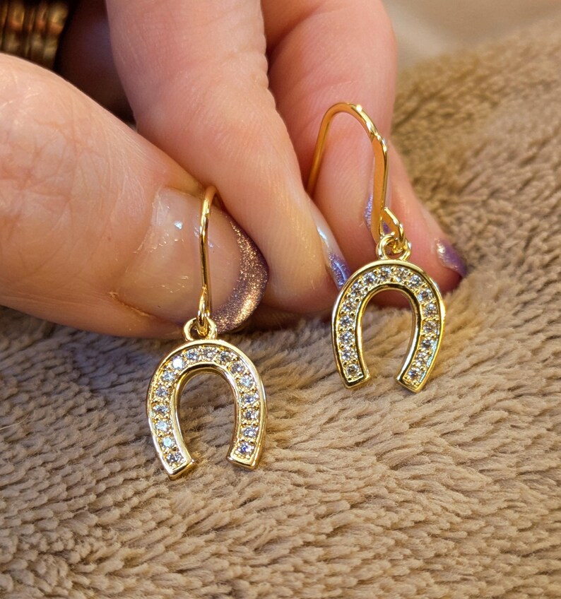 CZ Horseshoe dangle earrings, Gold - - LadybugfeetDesigns -