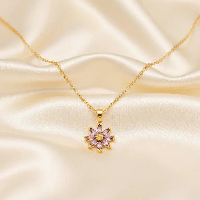 Purple CZ Flower necklace, Gold - 20 inch - - LadybugfeetDesigns -