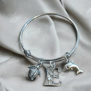 Beach - Initial,Dolphin, Sea Turtle, CHILD'S Bangle bracelet - - LadybugfeetDesigns -