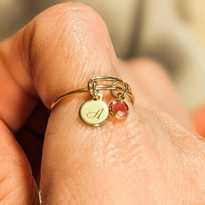 Gold Expandable Initial & Birthstone Charm Ring,Gift for her - - LadybugfeetDesigns -
