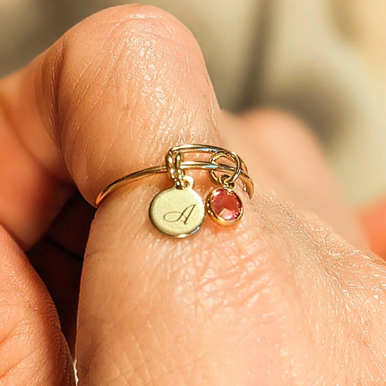 Gold Expandable Initial & Birthstone Charm Ring,Gift for her - - LadybugfeetDesigns -
