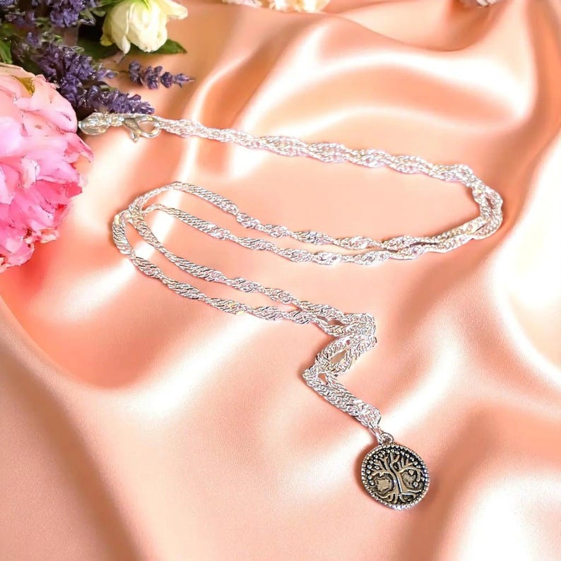 Tree of Life Coin Necklace, Silver - 20 inch - - LadybugfeetDesigns -