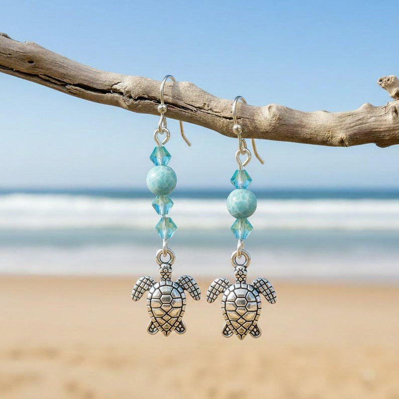 Sea Turtle Larimar Beaded Hook Earrings, Silver - - LadybugfeetDesigns -