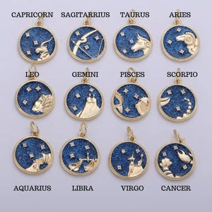 Blue Enamel Zodiac Pendant Necklace, Gold - 20 inches - - LadybugfeetDesigns -