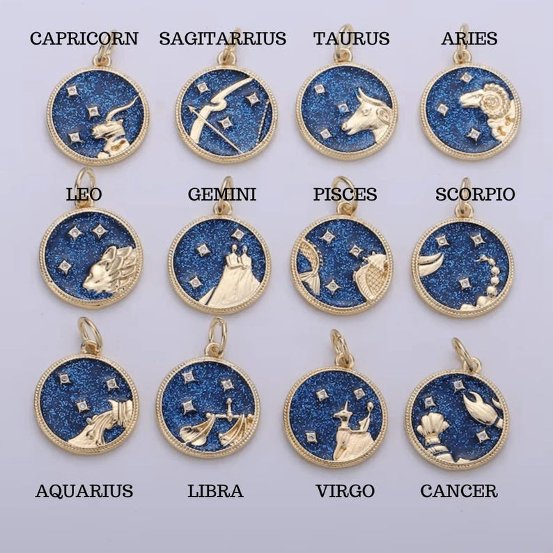 Blue Enamel Zodiac Pendant Necklace, Gold - 20 inches - - LadybugfeetDesigns -