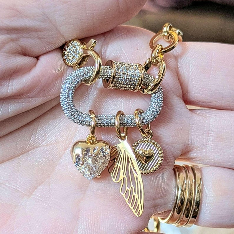 Dragonfly/Fairy Wing, Heart Carabiner Necklace, Gold - Adjusts up to 20 inches - - LadybugfeetDesigns -