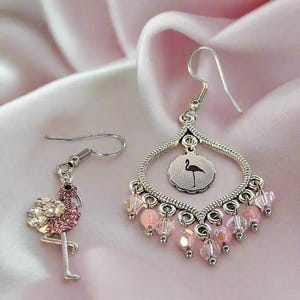 Mismatched Rhinestone Flamingo hook earrings - - LadybugfeetDesigns -