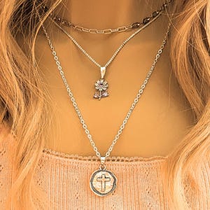CZ Flower/Dragonfly Cross Layered Necklace Set, Silver - - LadybugfeetDesigns -