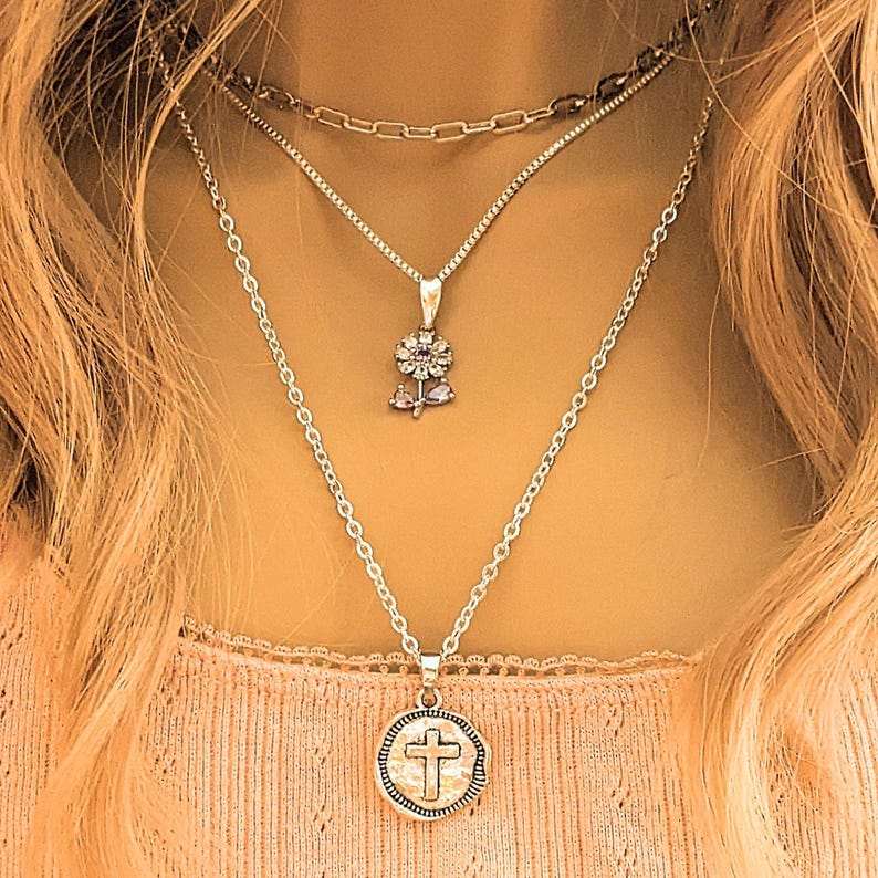 CZ Flower/Dragonfly Cross Layered Necklace Set, Silver - - LadybugfeetDesigns -
