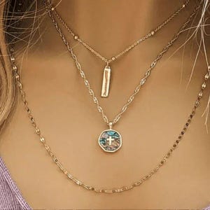 Abalone Cross Bar/Dragonfly Layered Necklace Set, Gold - - LadybugfeetDesigns -