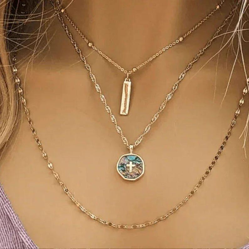 Abalone Cross Bar/Dragonfly Layered Necklace Set, Gold - - LadybugfeetDesigns -