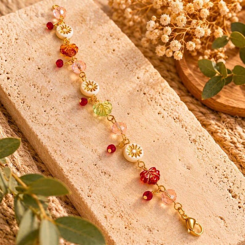 Botanical Starburst Crystal Bead Bracelet, Gold - - LadybugfeetDesigns -