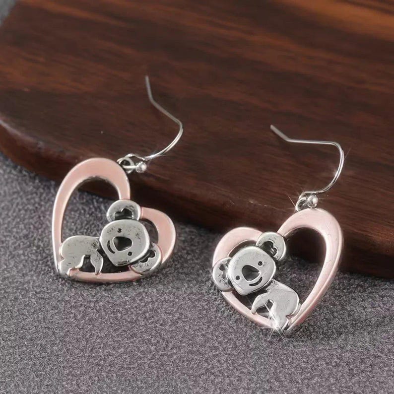 Rustic Koala Bear Heart Earrings - - LadybugfeetDesigns -
