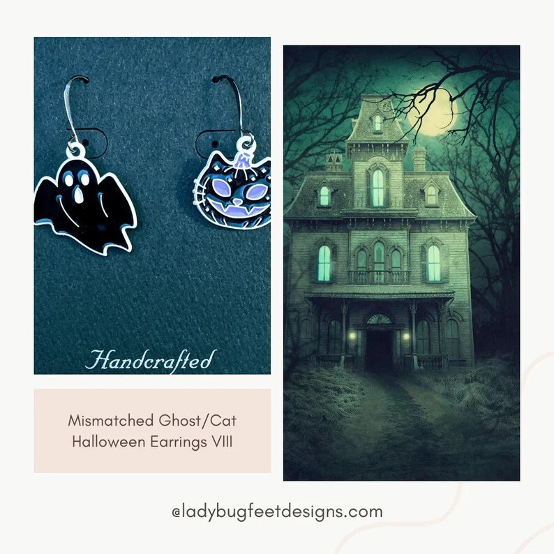 Mismatched Ghost/Cat Halloween Earrings VIII - - LadybugfeetDesigns -