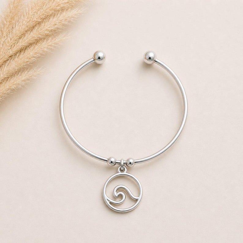 Ocean Wave Euro Bangle Cuff, Silver - - LadybugfeetDesigns -