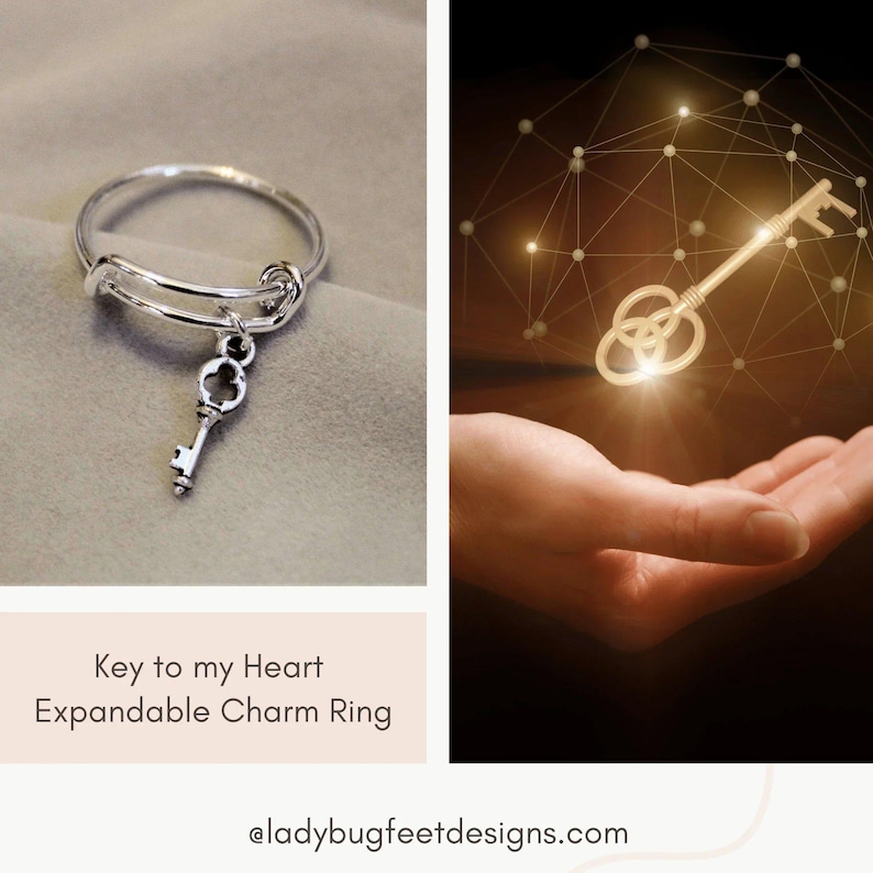 Key to my Heart Expandable Charm Ring - - LadybugfeetDesigns -