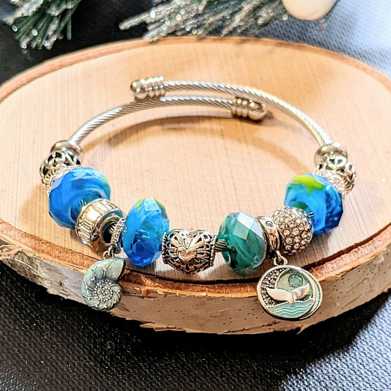 Ocean Lover Euro Cuff Wrap Bracelet, Silver - - LadybugfeetDesigns -