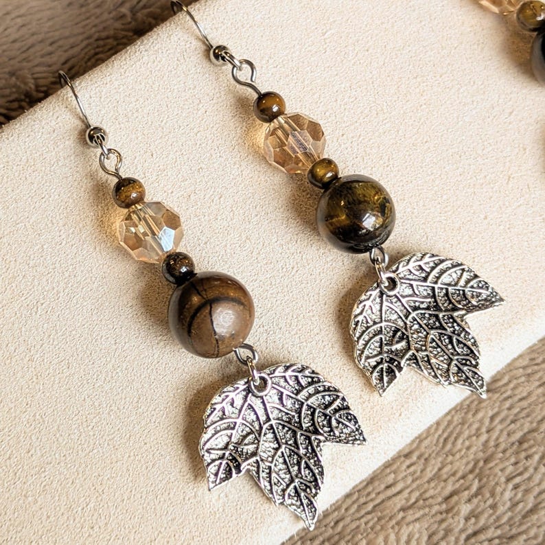 Maple Leaf Crystal Hook Earrings, Silver - - LadybugfeetDesigns -
