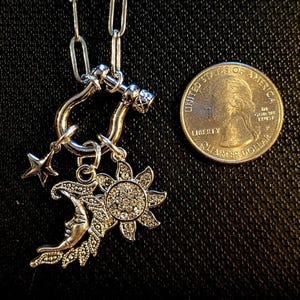 Celestial Moon Face, CZ Sun and Star Shackle Clasp Carabiner Necklace, Silver - 20 inch - - LadybugfeetDesigns -
