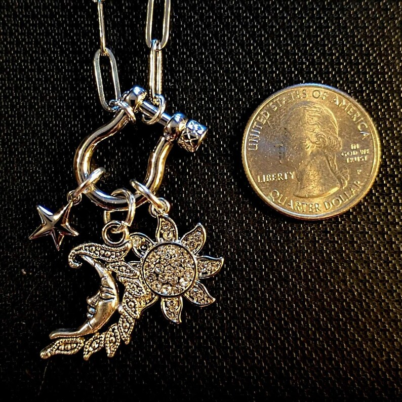 Celestial Moon Face, CZ Sun and Star Shackle Clasp Carabiner Necklace, Silver - 20 inch - - LadybugfeetDesigns -