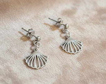 Sea Scallop Charm Drop Stud Earrings-Silver