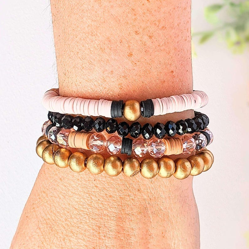 Tan & Black Stretch Bracelet Stack - - LadybugfeetDesigns -