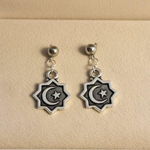 Crescent Moon/Star Charm Drop Stud Earrings-Silver - - LadybugfeetDesigns -