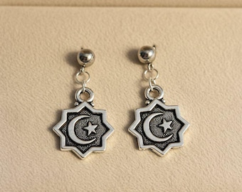 Puces d'oreilles pendantes étoile et croissant de lune-Argent